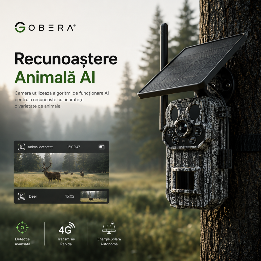 Camera de Vânătoare 4G Solară goBERA®, 3MP Super HD, GPS, Detectare PIR Triplă 25m, Panou Solar 6W, Baterie 7800mAh [8]