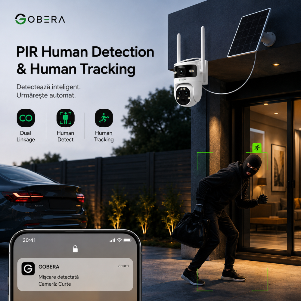 Camera de Supraveghere Solara cu 3 Lentile goBERA®️, Zoom Hibrid 15X, 4G, Panou Solar 5W, Baterie 7800mAh, IR + LED, Viziune Nocturna Color, PTZ 350°/90°, Detectare Umana si Tracking AI [4]