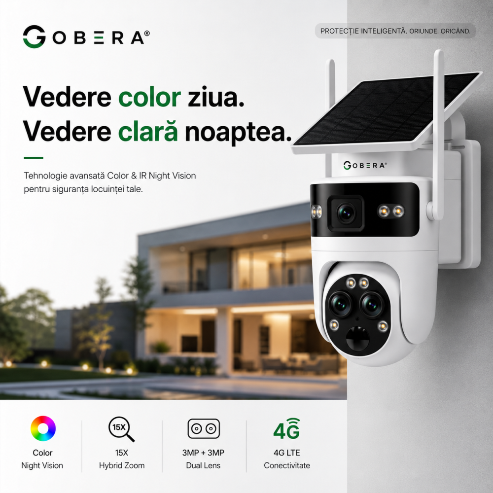 Camera de Supraveghere Solara cu 3 Lentile goBERA®️, Zoom Hibrid 15X, 4G, Panou Solar 5W, Baterie 7800mAh, IR + LED, Viziune Nocturna Color, PTZ 350°/90°, Detectare Umana si Tracking AI [12]