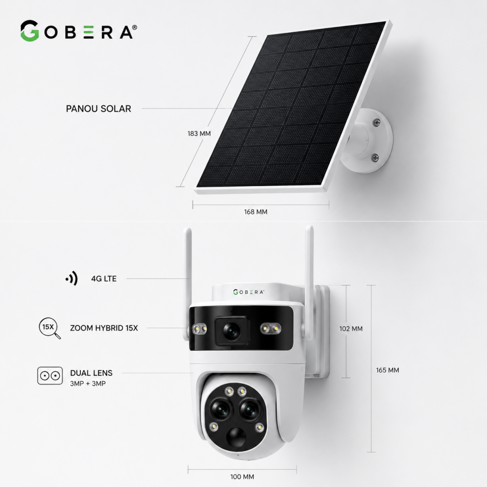 Camera de Supraveghere Solara cu 3 Lentile goBERA®️, Zoom Hibrid 15X, 4G, Panou Solar 5W, Baterie 7800mAh, IR + LED, Viziune Nocturna Color, PTZ 350°/90°, Detectare Umana si Tracking AI [13]