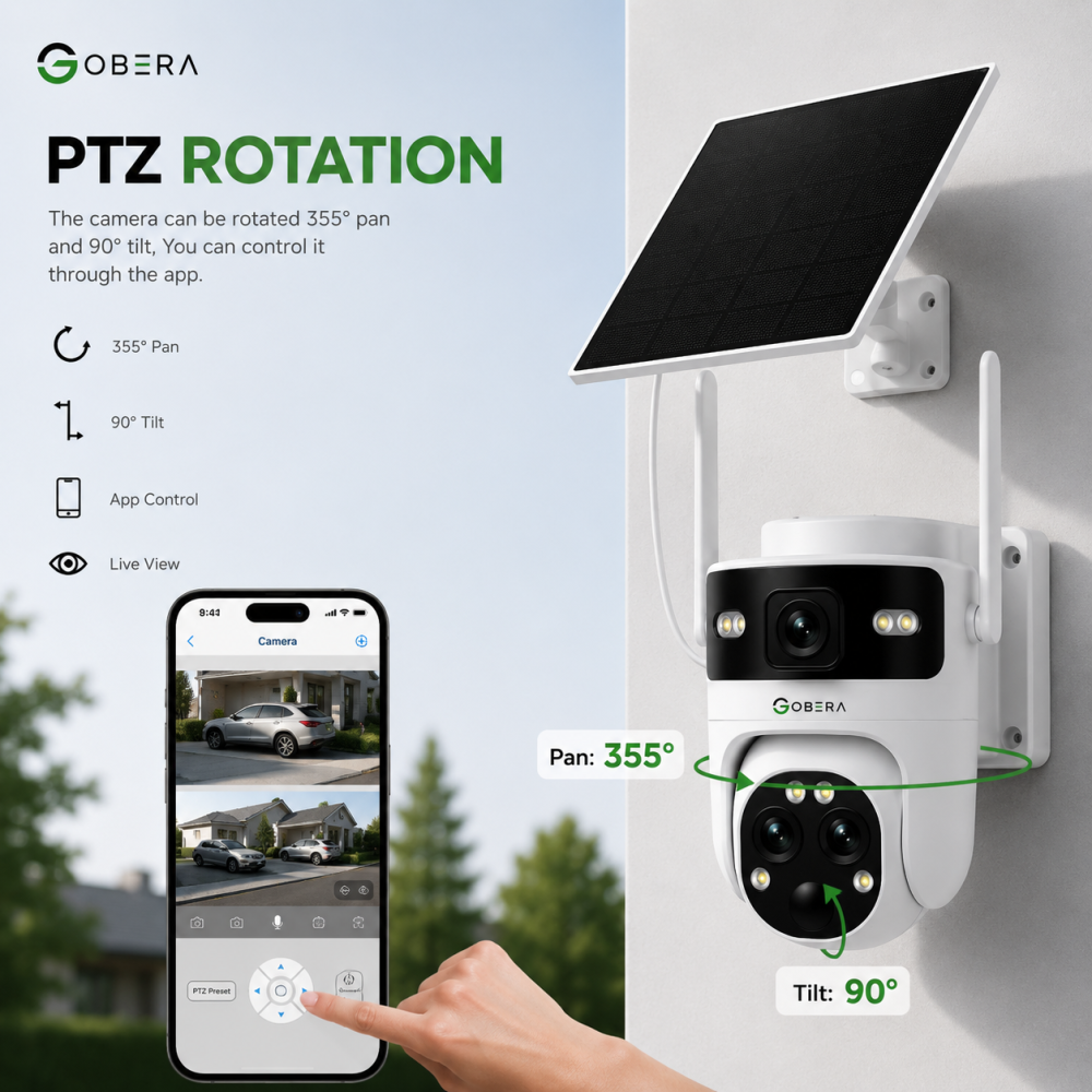 Camera de Supraveghere Solara cu 3 Lentile goBERA®️, Zoom Hibrid 15X, 4G, Panou Solar 5W, Baterie 7800mAh, IR + LED, Viziune Nocturna Color, PTZ 350°/90°, Detectare Umana si Tracking AI [10]