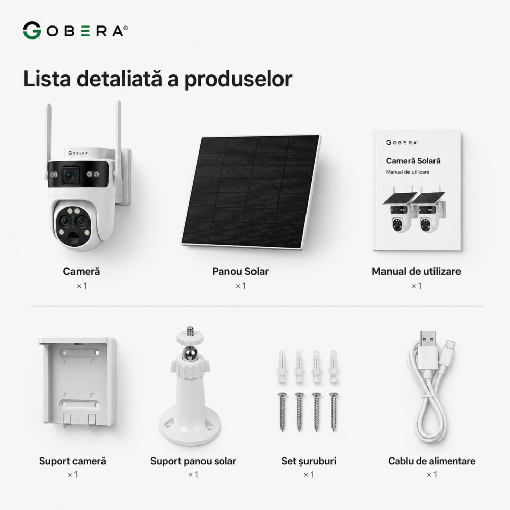 Camera de Supraveghere Solara cu 3 Lentile goBERA®️, Zoom Hibrid 15X, 4G, Panou Solar 5W, Baterie 7800mAh, IR + LED, Viziune Nocturna Color, PTZ 350°/90°, Detectare Umana si Tracking AI [15]