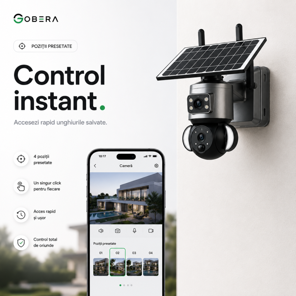 Camera de supraveghere solara goBERA® 3MP + 3MP, lentile duale, PTZ 355°, panou solar 6W, WiFi, IP66, night vision color [5]