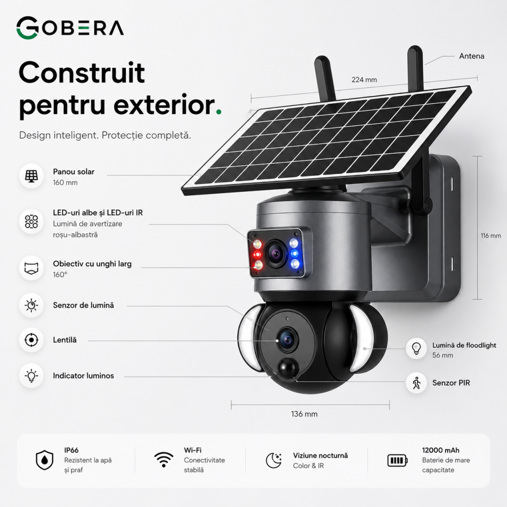 Camera de supraveghere solara goBERA® 3MP + 3MP, lentile duale, PTZ 355°, panou solar 6W, WiFi, IP66, night vision color [7]
