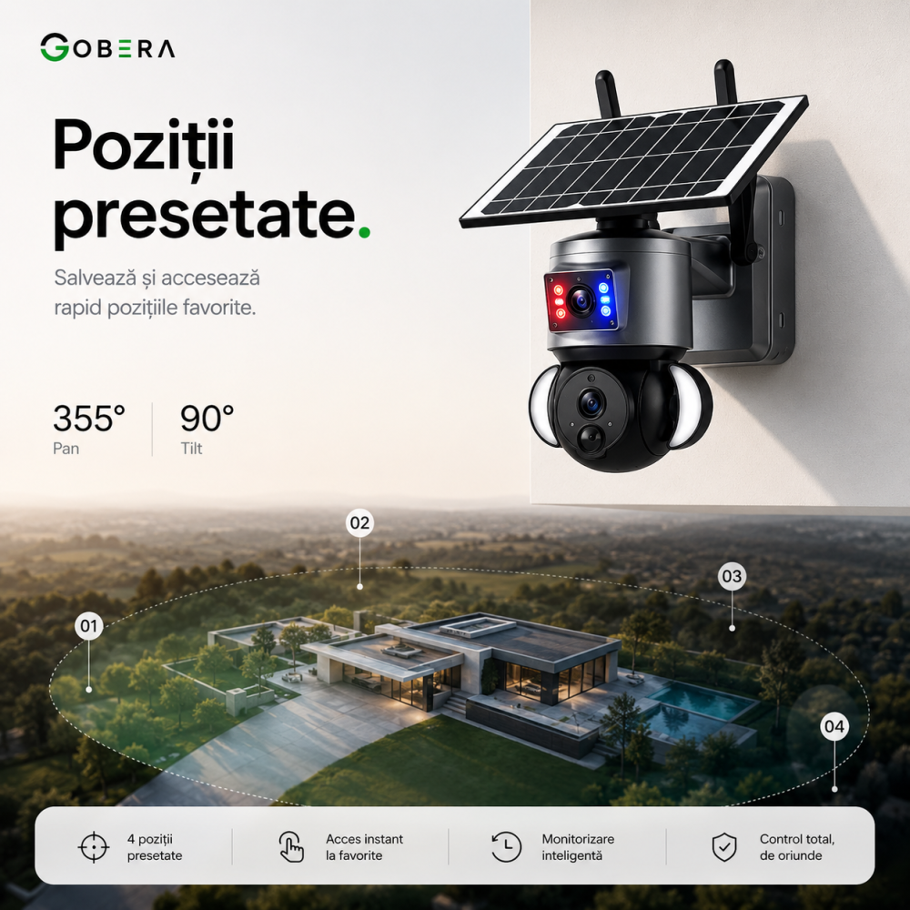 Camera de supraveghere solara goBERA® 3MP + 3MP, lentile duale, PTZ 355°, panou solar 6W, WiFi, IP66, night vision color [4]