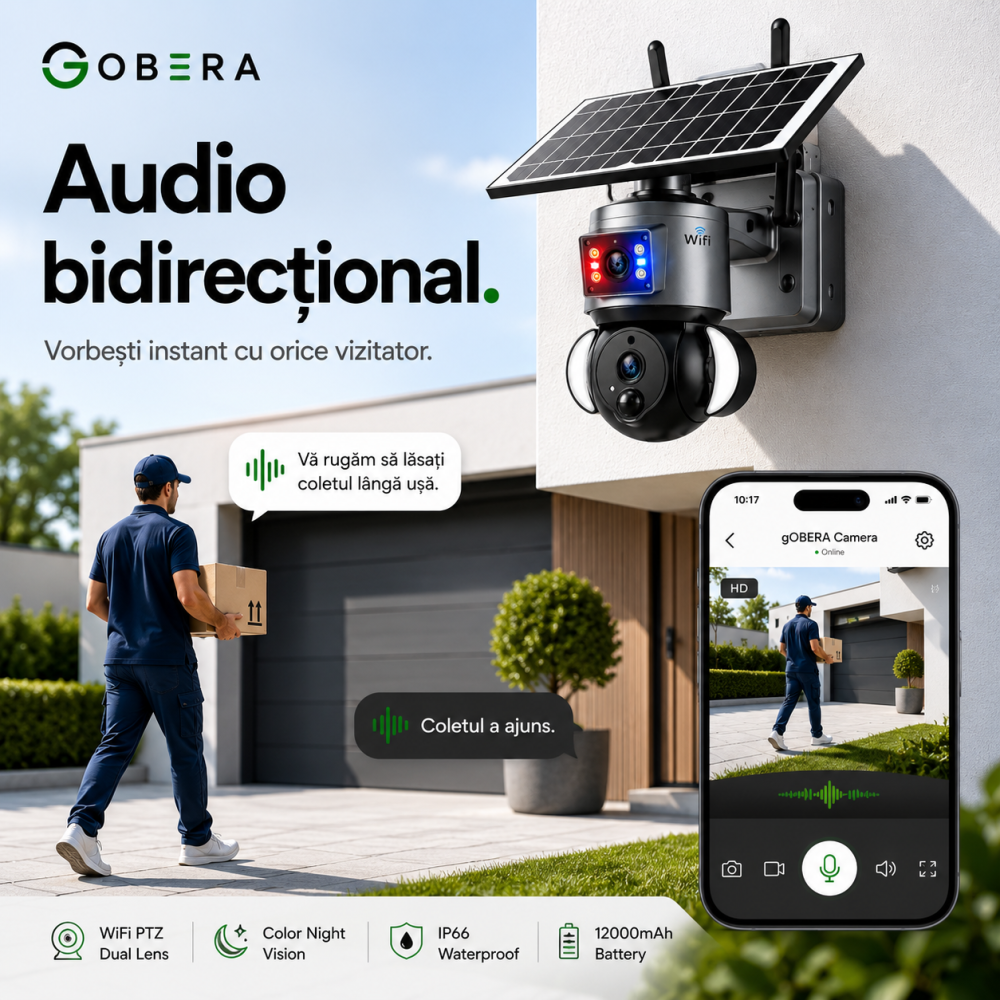 Camera de supraveghere solara goBERA® 3MP + 3MP, lentile duale, PTZ 355°, panou solar 6W, WiFi, IP66, night vision color [3]