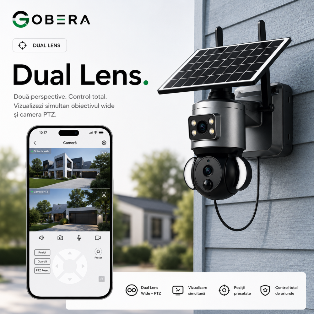 Camera de supraveghere solara goBERA® 3MP + 3MP, lentile duale, PTZ 355°, panou solar 6W, WiFi, IP66, night vision color [6]