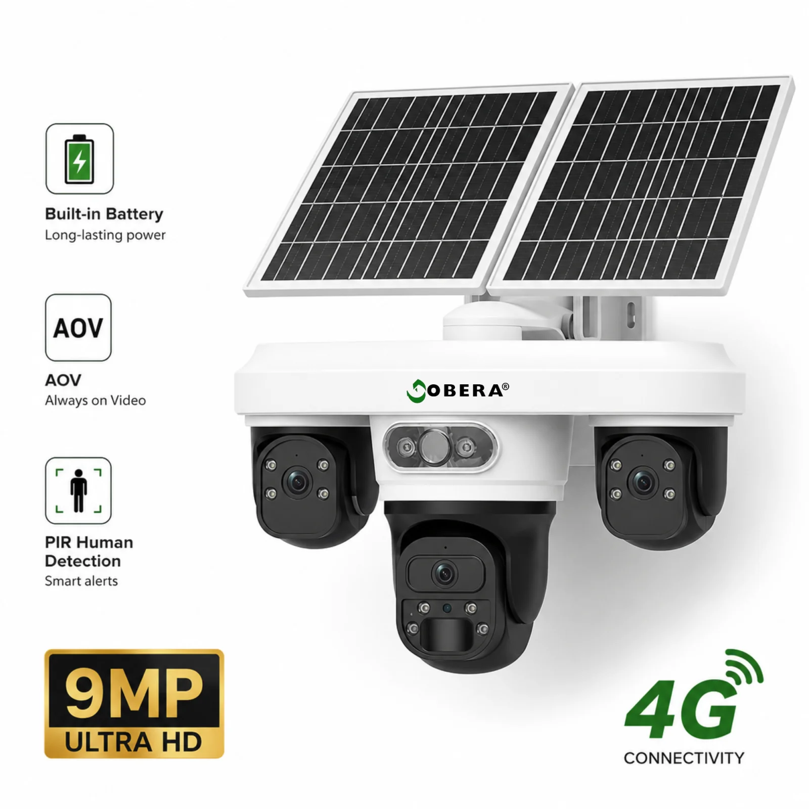 Camera Supraveghere 4G Solară goBERA®, 3 Lentile AOV, AI Detecție și Urmărire Umană, Baterie 20100mAh, Nano SIM, IP66 [1]