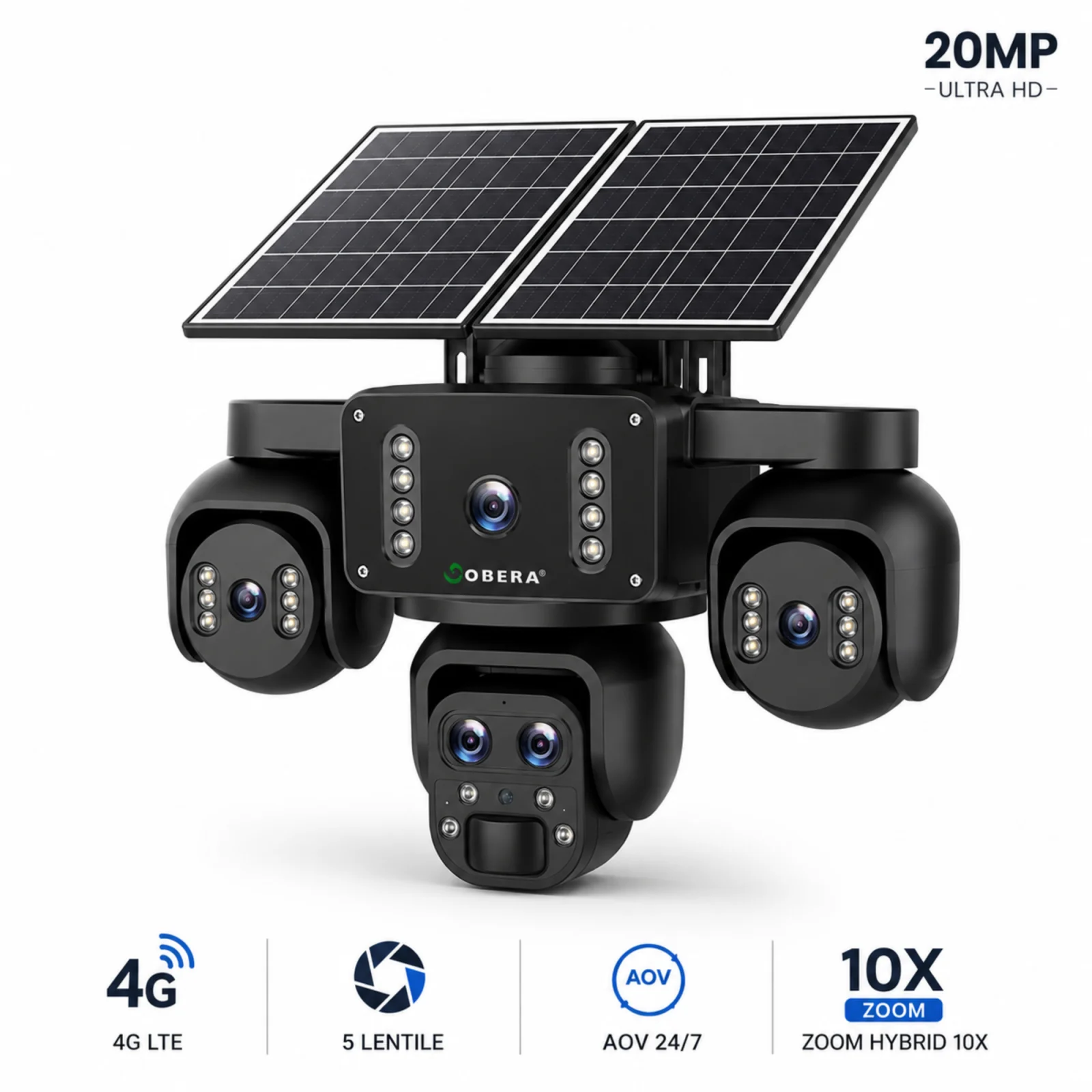 Camera Supraveghere 4G Solara goBERA® 5 Lentile, 4 Canale Simultan, PTZ, Zoom 10X, Detectie Umana AI, Baterie 20100mAh, Night Vision Color, IP66, SIM, Fara WiFi, Audio Bidirectional [1]