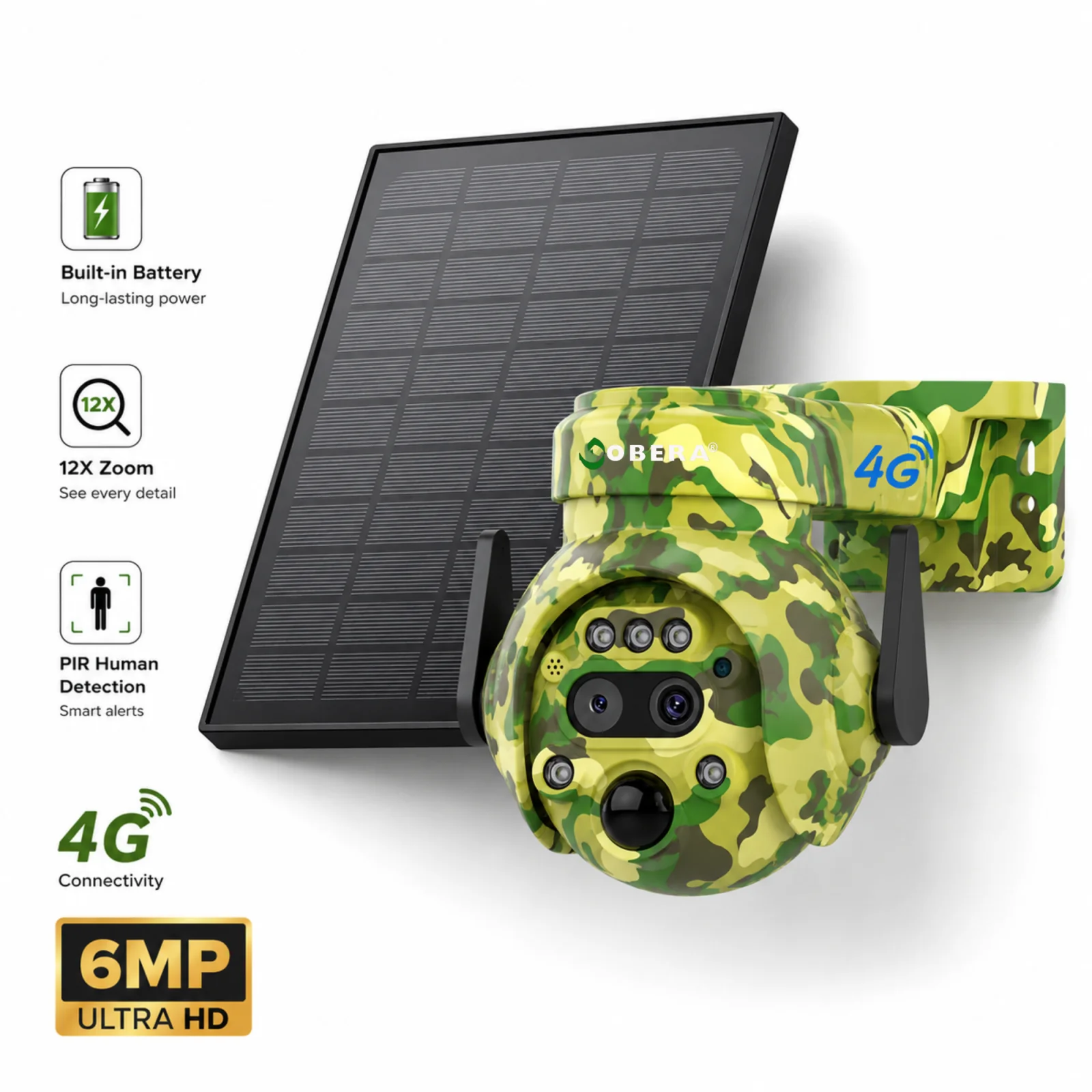 Cameră Supraveghere 4G Solară goBERA® Smart Security, 6MP, PTZ Camuflaj, Zoom Optic 12X, Detectare PIR, Audio Bidirecțional, pentru Curți, Cabane, Ferme și Terenuri, IP65 [1]