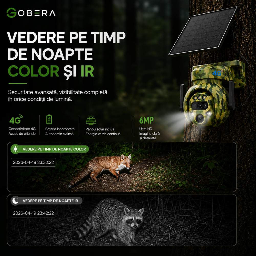 Cameră Supraveghere 4G Solară goBERA® Smart Security, 6MP, PTZ Camuflaj, Zoom Optic 12X, Detectare PIR, Audio Bidirecțional, pentru Curți, Cabane, Ferme și Terenuri, IP65 [6]