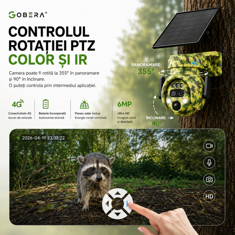 Cameră Supraveghere 4G Solară goBERA® Smart Security, 6MP, PTZ Camuflaj, Zoom Optic 12X, Detectare PIR, Audio Bidirecțional, pentru Curți, Cabane, Ferme și Terenuri, IP65 [8]