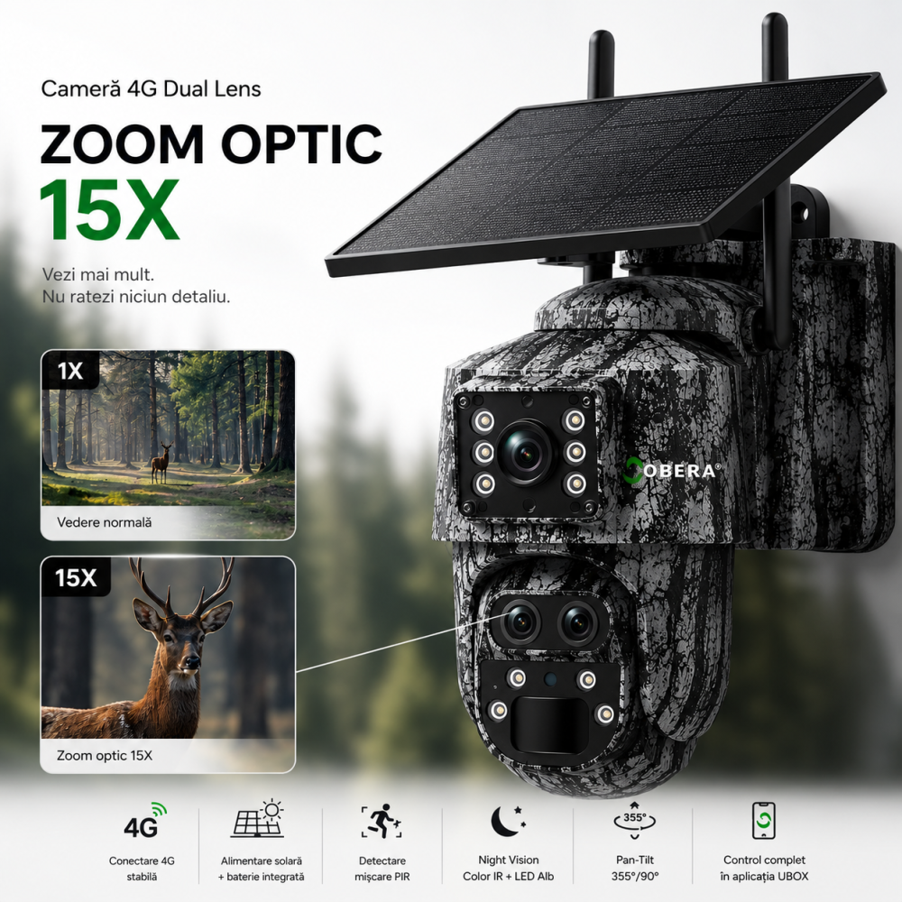 Cameră Supraveghere 4G Solară goBERA® Smart Security, 6MP, Zoom Optic 15X, PTZ, Detectare PIR, Audio Bidirecțional, Control din Telefon, pentru Ferme, Cabane și Terenuri, IP65 [2]
