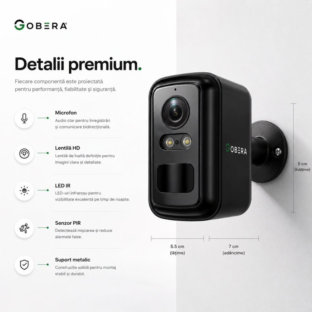 Cameră Supraveghere Solară 4G goBERA®, Compactă, PIR + Human Detection, Night Vision Color, Audio Bidirecțional, SIM, Baterie 5200mAh, IP66 [12]