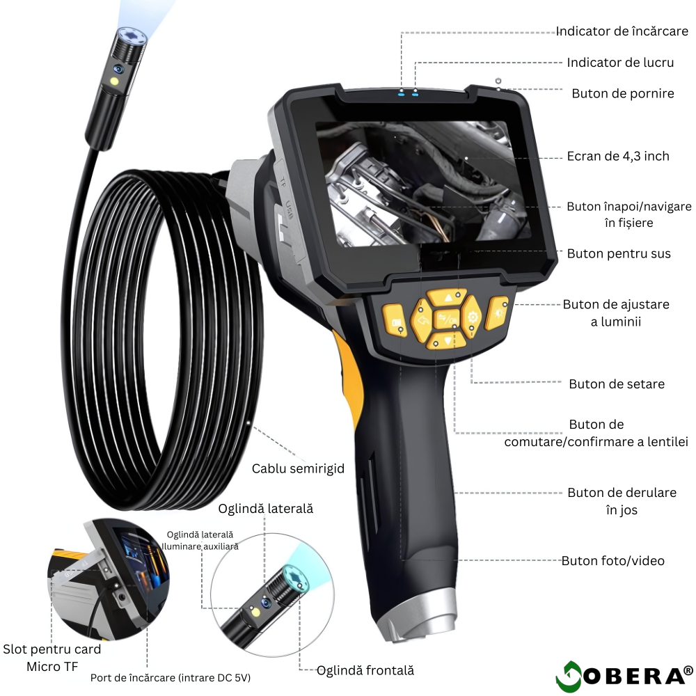 Endoscop industrial goBERA® cu lentilă dublă, cameră de inspecție digitală 1080P, ecran LCD 4.3”, cablu semirigid 10 m, 6 LED-uri, baterie 2600 mAh, IP67 [10]