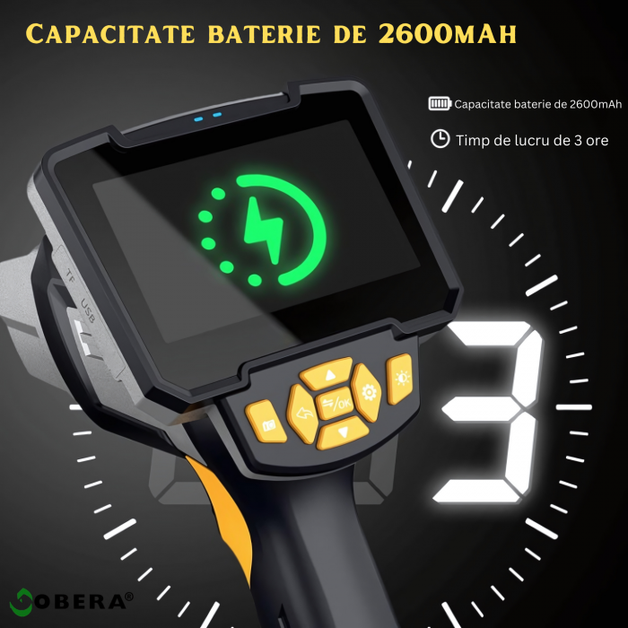 Endoscop industrial goBERA® cu lentilă dublă, cameră de inspecție digitală 1080P, ecran LCD 4.3”, cablu semirigid 10 m, 6 LED-uri, baterie 2600 mAh, IP67 [2]