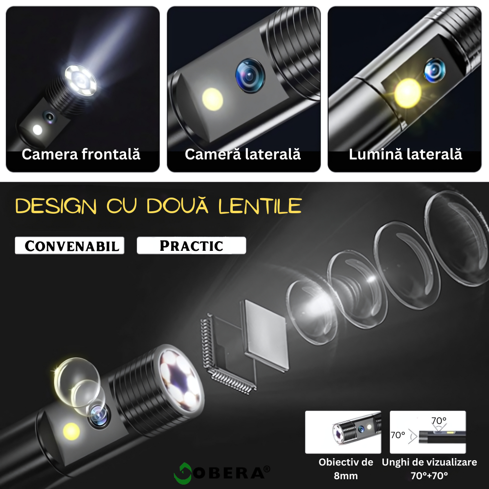 Endoscop industrial goBERA® cu lentilă dublă, cameră de inspecție digitală 1080P, ecran LCD 4.3”, cablu semirigid 10 m, 6 LED-uri, baterie 2600 mAh, IP67 [8]