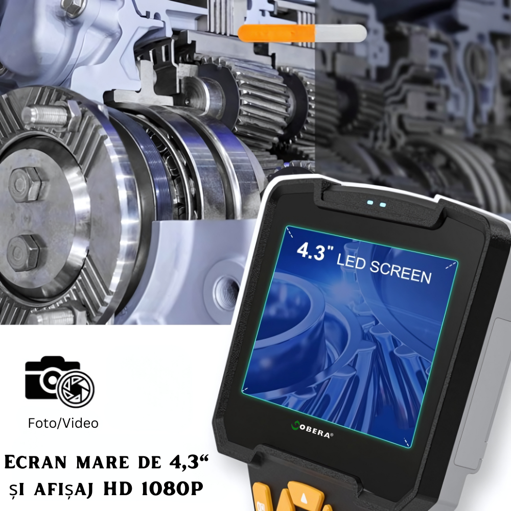 Endoscop industrial goBERA® cu lentilă dublă, cameră de inspecție digitală 1080P, ecran LCD 4.3”, cablu semirigid 10 m, 6 LED-uri, baterie 2600 mAh, IP67 [7]