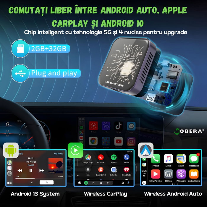 AI Box Auto goBERA® Android 10, 2GB RAM + 32GB, Wireless CarPlay & Android Auto, YouTube, Netflix, Play Store, Card TF, Plug & Play, pentru Mașini cu CarPlay cu Fir [11]