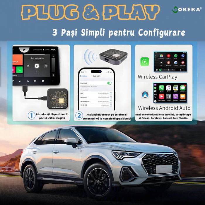 AI Box Auto goBERA® Android 10, 2GB RAM + 32GB, Wireless CarPlay & Android Auto, YouTube, Netflix, Play Store, Card TF, Plug & Play, pentru Mașini cu CarPlay cu Fir [10]