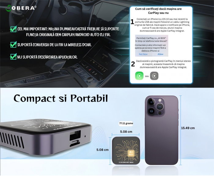 AI Box Auto goBERA® Android 10, 2GB RAM + 32GB, Wireless CarPlay & Android Auto, YouTube, Netflix, Play Store, Card TF, Plug & Play, pentru Mașini cu CarPlay cu Fir [5]