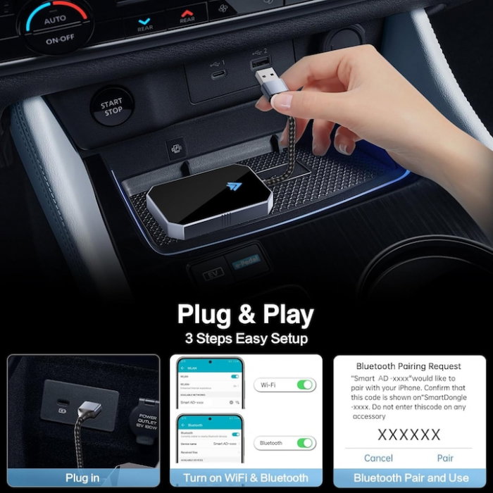 Modul Android Auto Wireless goBERA®, Pentru masini cu Android Auto de fabrica prin cablu, Adaptor Android Auto, WiFi 5Ghz, Bluetooth 5.3, Procesor AI, Compatibil cu Android 11+, Conectare Automata [9]