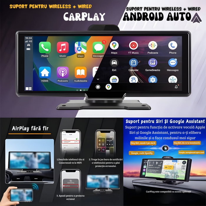 Navigație Auto Universală 10.26" cu CarPlay și Android Auto Wireless, Cameră Față 4K și Spate 1080P [2]
