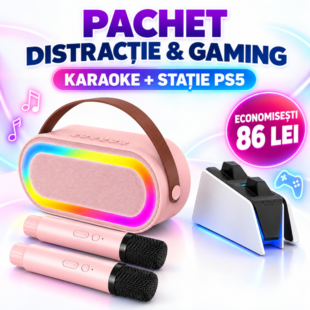 Pachet goBERA boxă karaoke cu 2 microfoane și stație încărcare PS5 [1]