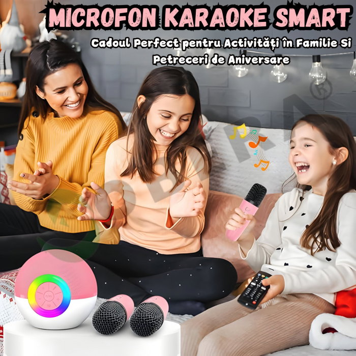 Mini Karaoke goBERA® pentru Copii și Familie, Difuzor Bluetooth cu 2 Microfoane Wireless, Lumini LED, Efecte Voce, Autonomie 4–6h [3]