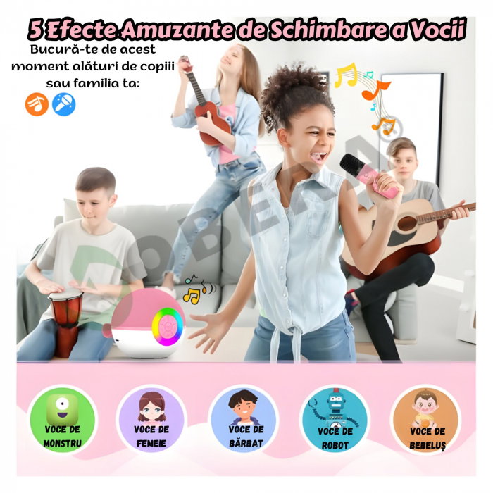 Mini Karaoke goBERA® pentru Copii și Familie, Difuzor Bluetooth cu 2 Microfoane Wireless, Lumini LED, Efecte Voce, Autonomie 4–6h [7]