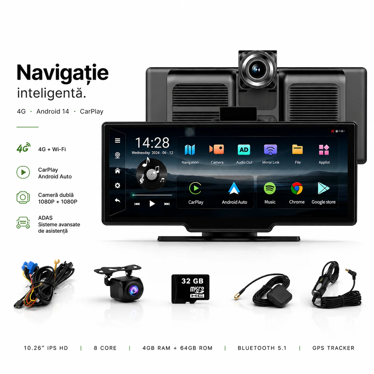Sistem multimedia auto portabil goBERA 10.26 Android 14 cu camere