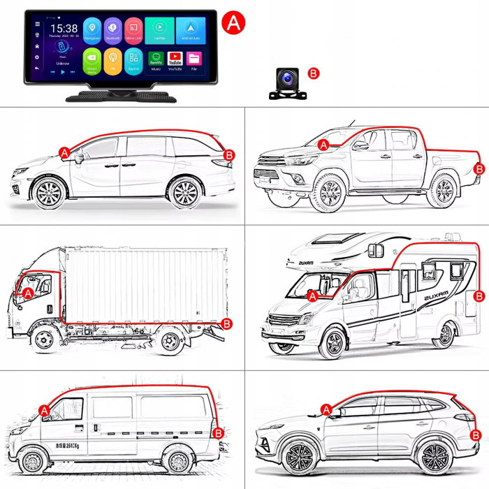 Navigație Auto Portabilă 10.26", Wireless Apple CarPlay & Android Auto, Android 13, 4GB RAM + 64GB ROM, Ecran IPS Full Touch, Cameră Față 1080P + Cameră Marșarier AHD 1080P, Bluetooth 5.1, Wi-Fi, GPS [5]