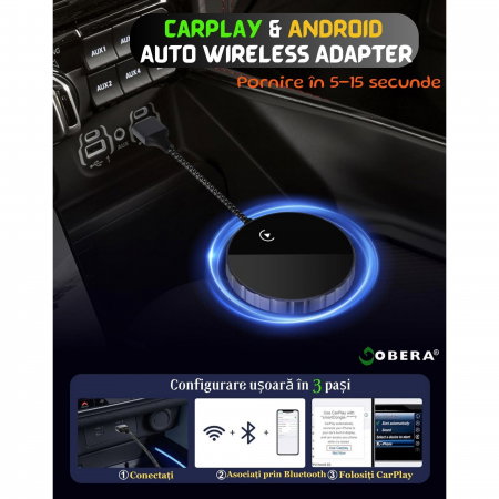 Adaptor Auto Wireless 2 în 1 goBERA® – CarPlay & Android Auto, iOS 10+/Android 11+, Wi-Fi 5GHz, Plug & Play, USB-A/C, Negru [4]