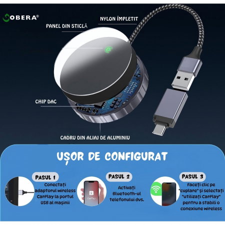 Adaptor Auto Wireless 2 în 1 goBERA® – CarPlay & Android Auto, iOS 10+/Android 11+, Wi-Fi 5GHz, Plug & Play, USB-A/C, Negru [10]