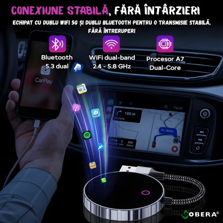 Adaptor Auto Wireless 2 în 1 goBERA® – CarPlay & Android Auto, iOS 10+/Android 11+, Wi-Fi 5GHz, Plug & Play, USB-A/C, Negru [8]