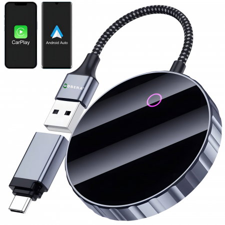 Oferte Speciale - Adaptor Auto Wireless 2 în 1 goBERA® – CarPlay & Android Auto, iOS 10+/Android 11+, Wi-Fi 5GHz, Plug & Play, USB-A/C, Negru