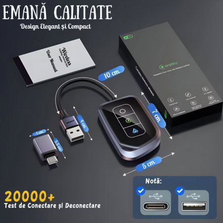 Adaptor Wireless 2-în-1 goBERA® – CarPlay & Android Auto, Wi-Fi 5 GHz, Plug & Play, USB-A/USB-C [8]