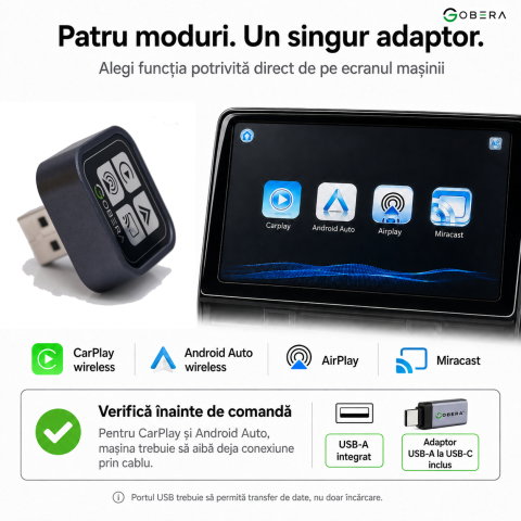 Adaptor wireless 4 în 1 goBERA - CarPlay, Android Auto, AirPlay, Miracast [1]