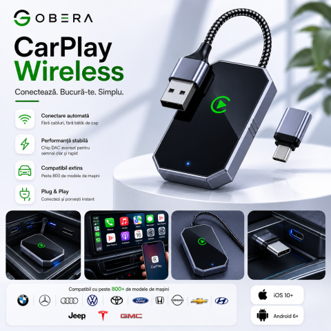 Adaptor Wireless Apple CarPlay goBERA®, Pentru masini cu Apple CarPlay prin cablu, Bluetooth 5.3, Wi-Fi 5GHz, Conectare automata, Plug & Play, Compatibil iPhone iOS 10+, Negru [6]