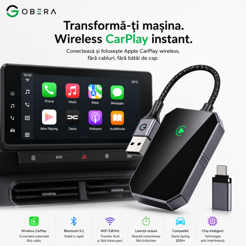 Adaptor Wireless Apple CarPlay goBERA®, Pentru masini cu Apple CarPlay prin cablu, Bluetooth 5.3, Wi-Fi 5GHz, Conectare automata, Plug & Play, Compatibil iPhone iOS 10+, Negru [1]