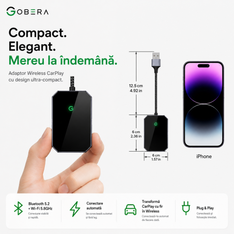 Adaptor Wireless Apple CarPlay goBERA®, Pentru masini cu Apple CarPlay prin cablu, Bluetooth 5.3, Wi-Fi 5GHz, Conectare automata, Plug & Play, Compatibil iPhone iOS 10+, Negru [9]