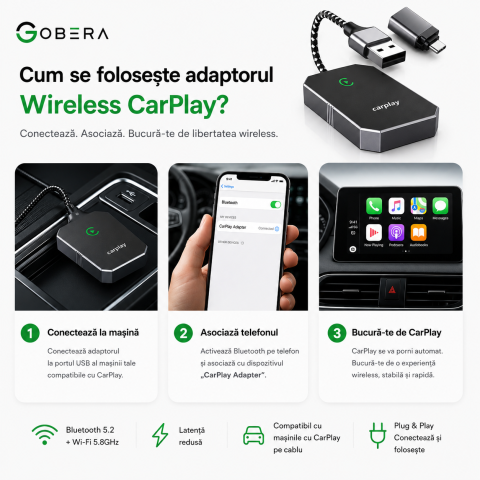 Adaptor Wireless Apple CarPlay goBERA®, Pentru masini cu Apple CarPlay prin cablu, Bluetooth 5.3, Wi-Fi 5GHz, Conectare automata, Plug & Play, Compatibil iPhone iOS 10+, Negru [2]