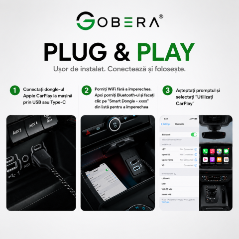 Adaptor Wireless Apple CarPlay goBERA®, Pentru masini cu Apple CarPlay prin cablu, Bluetooth 5.3, Wi-Fi 5GHz, Conectare automata, Plug & Play, Compatibil iPhone iOS 10+, Negru [5]