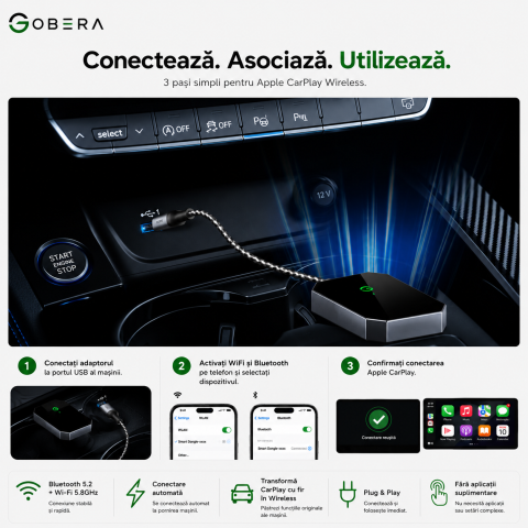 Adaptor Wireless Apple CarPlay goBERA®, Pentru masini cu Apple CarPlay prin cablu, Bluetooth 5.3, Wi-Fi 5GHz, Conectare automata, Plug & Play, Compatibil iPhone iOS 10+, Negru [4]