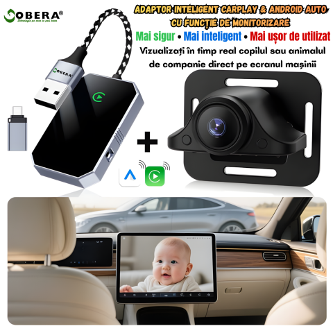 Smart Car Monitor goBERA® – Wireless CarPlay & Android Auto cu Monitorizare Live pentru Copii, Animale și Pasageri [1]