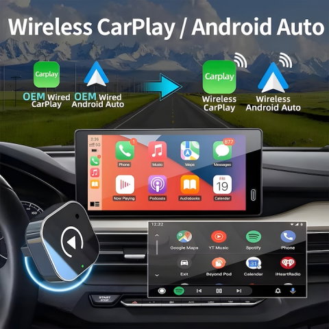 Adaptor Wireless 2-în-1 goBERA®️ CarPlay & Android Auto, compatibil cu vehicule echipate din fabrică cu CarPlay, Bluetooth 5.0, Wi-Fi Dual-Band 2.4/5GHz, Plug & Play, control vocal, port USB [1]