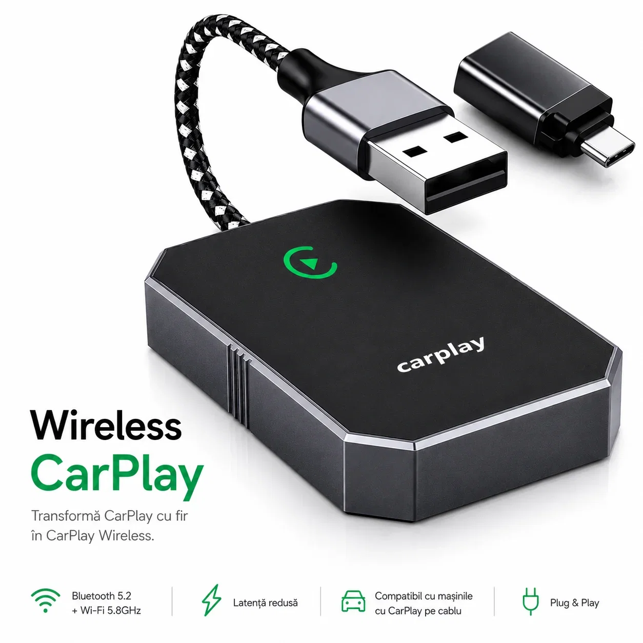 Tehnologie Auto Inteligenta - Adaptor Wireless Apple CarPlay goBERA®, Pentru masini cu Apple CarPlay prin cablu, Bluetooth 5.3, Wi-Fi 5GHz, Conectare automata, Plug & Play, Compatibil iPhone iOS 10+, Negru