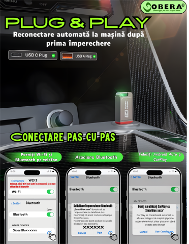 Adaptor Wireless CarPlay & Android Auto goBERA®, Plug & Play, Reconectare automată, Compatibil iPhone & Android, Bluetooth 5.3, Wi-Fi 5G, Control vocal și touch, Suport OEM [3]