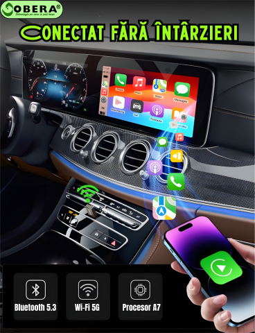 Adaptor Wireless CarPlay & Android Auto goBERA®, Plug & Play, Reconectare automată, Compatibil iPhone & Android, Bluetooth 5.3, Wi-Fi 5G, Control vocal și touch, Suport OEM [5]