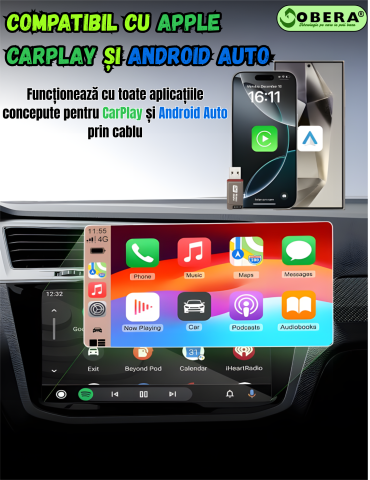 Adaptor Wireless CarPlay & Android Auto goBERA®, Plug & Play, Reconectare automată, Compatibil iPhone & Android, Bluetooth 5.3, Wi-Fi 5G, Control vocal și touch, Suport OEM [6]